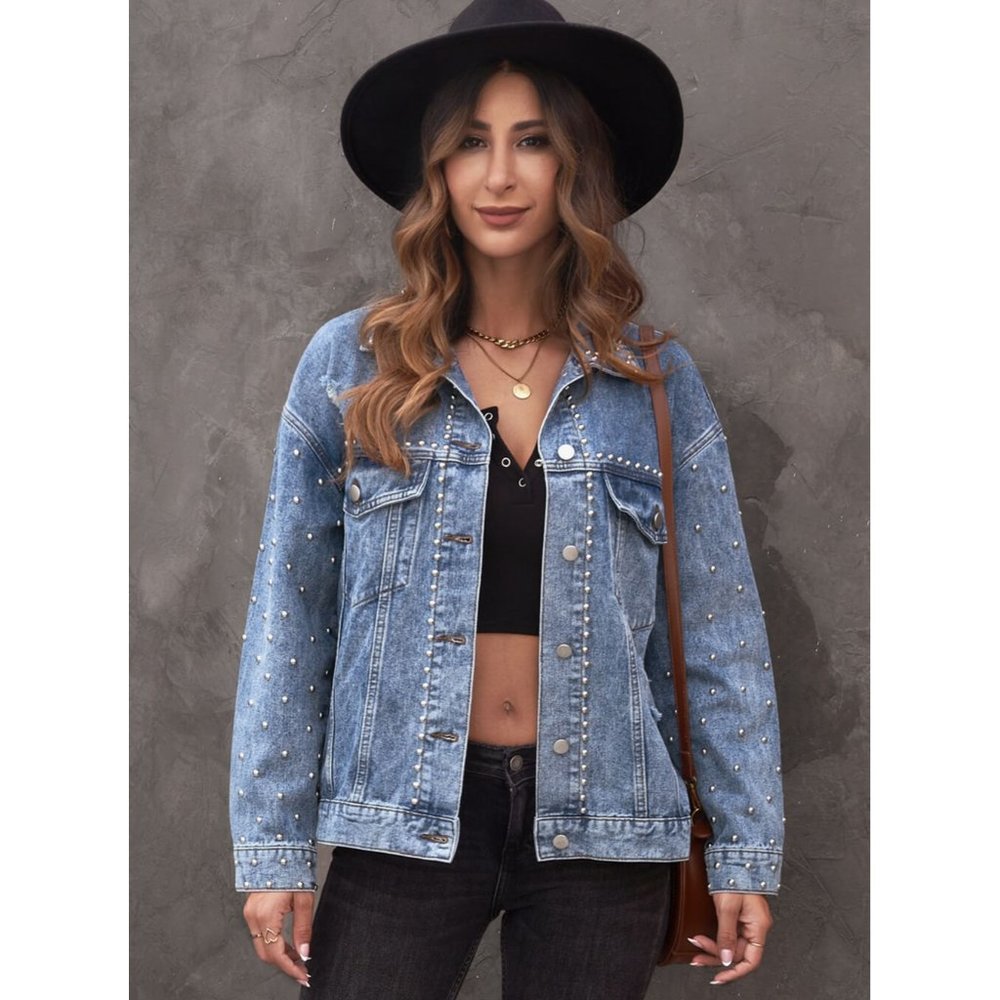 Studded Button Down Denim Jacket with Distressing